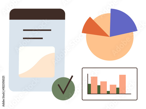 Analytical elements including a pie chart, bar graph, and document with a checkmark. Ideal for data analysis, report generation, business progress, statistics, financial review, project tracking