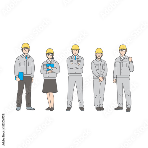 建設・工場作業員のセット：作業服とヘルメット姿のポーズ