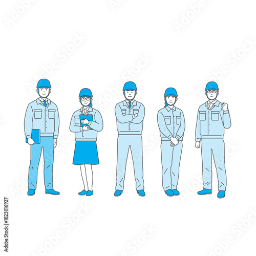 建設・工場作業員のセット：作業服とヘルメット姿のポーズ
