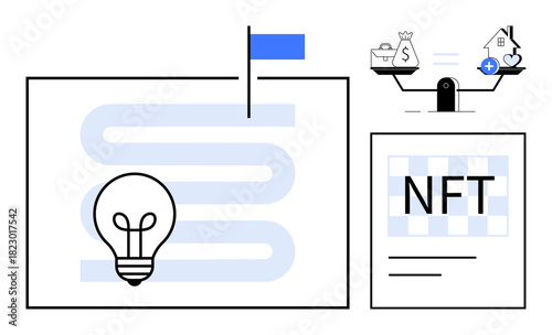 NFT concept. NFT as a digital innovation with icons highlighting creativity, wealth, and investment. NFT technology connects ownership and intellectual property. Great for tech, finance, art, design