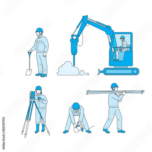 建設・大工・DIY用工具と作業員のセット