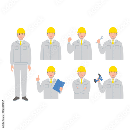 建設・工場作業員のセット：作業服とヘルメット姿のポーズ
