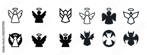Set of angel and demon icons with halos and wings in black and white