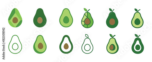 Graphic avocado icons: twelve distinct green styles in various artistic designs