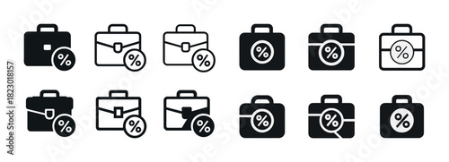 Collection of briefcase icons with percentage signs in black and white