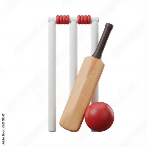 3d icon of a cricket bat, ball, and wicket isolated on a white background, symbolizing sport, game, competition, teamwork, and global athletic play
