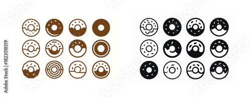 Vector icons of assorted donuts in brown and black silhouettes