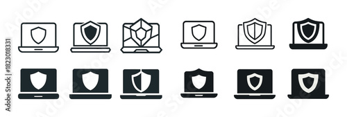 Laptop security icon set featuring shields and computers in various styles