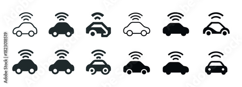 Set of autonomous car icons with wi-fi signals in various styles