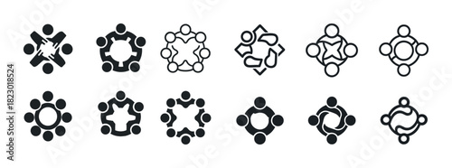 Collection of collaborative meeting icons in simple black and white designs