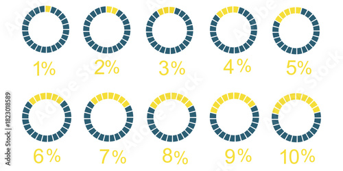 Circle loading or circle progress with percentage . Set of circle percentage diagrams for infographics 0 10 20 30 40 50 60 70 80 90 100 percent. Vector infographic