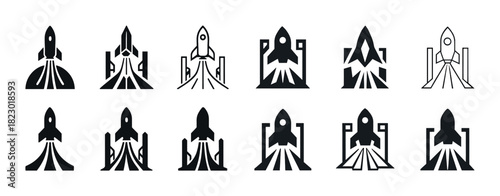 Black and white rocket icons collection for creative designs