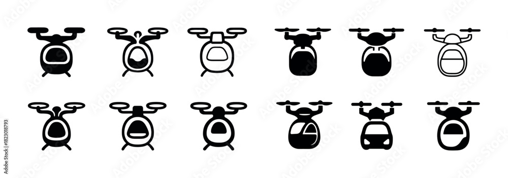Obraz premium Black and white drone icons set featuring various drone designs
