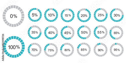 Circle loading or circle progress with percentage . Set of circle percentage diagrams for infographics 0 10 20 30 40 50 60 70 80 90 100 percent. Vector infographic