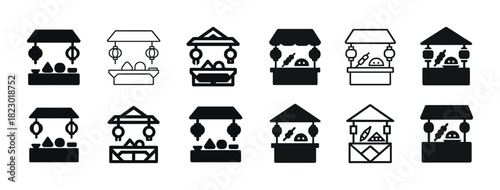 Set of traditional asian market stall icons in black and white