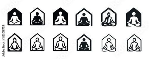 Set of meditation icons featuring silhouetted figures in various poses
