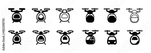 Black and white drone icons set featuring various drone designs