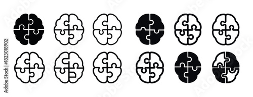 Brain icon set with puzzle design in various styles and colors