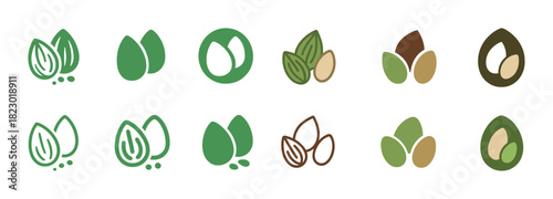Abstract green and brown seed icons in various styles and designs