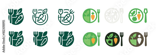 Vegetarian icons collection: fork, leaves, carrot, plate, green, circle design