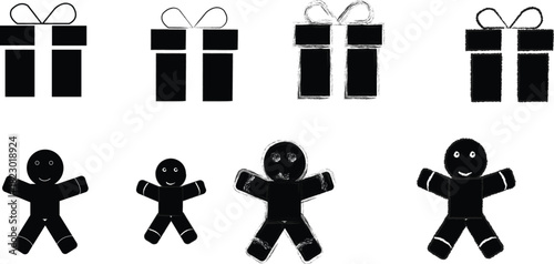 Simple Black Silhouette Icons of Holiday Gift Boxes and Festive Gingerbread Man Cookies