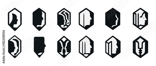 Geometric silhouette portraits: diverse male female profiles in monochrome icons