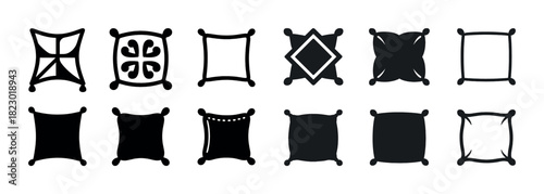 Set of twelve black and white pillow icons in various geometric shapes