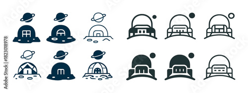 Futuristic space colony icons set featuring various dome structures and planetary elements