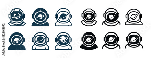 Collection of astronaut helmet icons featuring planet designs in various styles