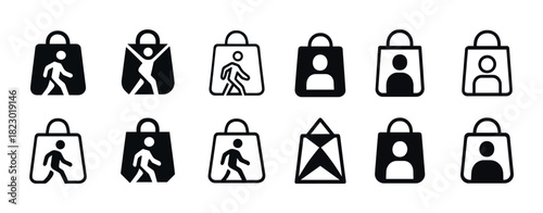 Minimalist shopping bag and human icon set for retail and e-commerce design