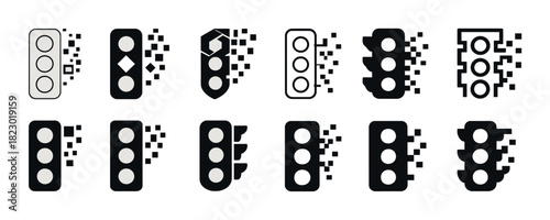 Pixelated traffic light icon set with digital glitch effect