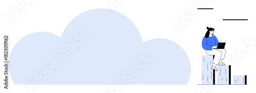 Woman sitting on bar graph working on a laptop next to a large digital cloud. Ideal for cloud computing, data storage, analytics, collaboration, innovation, technology learning, simple flat metaphor