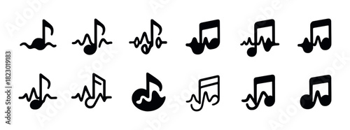 Collection of various black music icon designs featuring notes and rhythmic waves