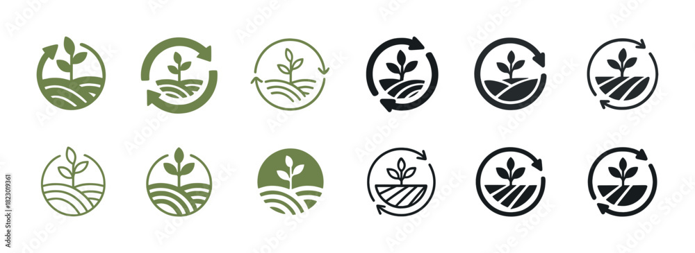 Fototapeta premium Sustainable agriculture logos featuring eco-friendly plant and circular arrows