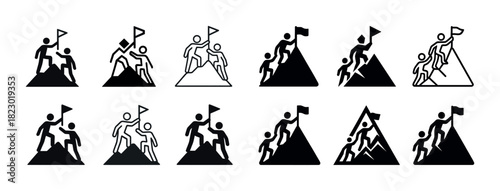 Icons of teamwork and achievement: simplified figures climbing mountain with flags