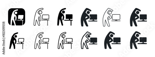 Stick figures exercising at desk with computer icons set