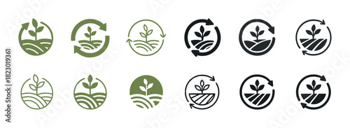 Sustainable agriculture logos featuring eco-friendly plant and circular arrows