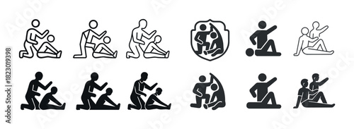 Icon set of sporty stick figures in martial arts positions