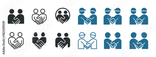 Icon set: diverse handshake symbols in black and blue variants