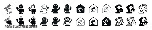 Various robot icons in black and white illustrating technology and innovation