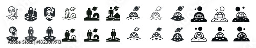 Space exploration icons: astronauts, spacecraft, planets, domes, and planetary landscapes