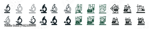 Diverse science icon set featuring microscopes and flasks