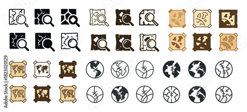 Diverse map and globe icon set with magnifying glass symbols