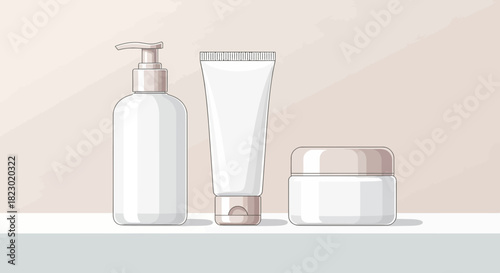 Elegant skincare set for a clean beauty routine, featuring pump bottle, tube and jar for lotion, cream, and cleanser with a fresh and minimalist aesthetic