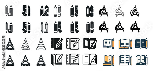 Geometric tools and books icon set featuring pencils, compasses, and notebooks