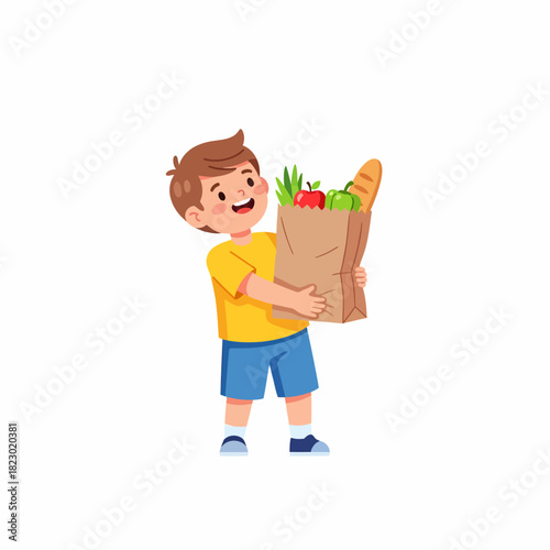 Boy Carries Grocery Bag Filled with Food.