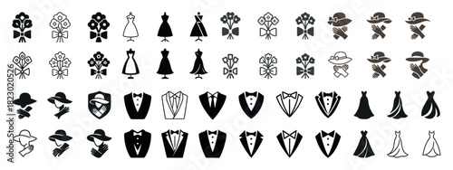 Elegant icons collection: dresses, tuxedos, accessories, and florals