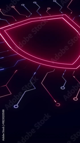 A dynamic vertical motion graphic featuring a glowing red and blue shield icon with data lines flowing around it, representing active network defense and cyber security.