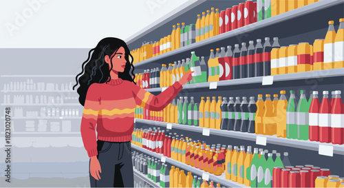 Woman Shopping for Beverages in a Grocery Store Aisle