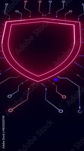 A high impact vertical motion graphic featuring a glowing red and blue digital shield symbol on a detailed abstract circuit board background, ideal for high tech security concepts.
